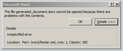 The file .docx cannot be opened because there are problems with the contents. Details: Unspecified error